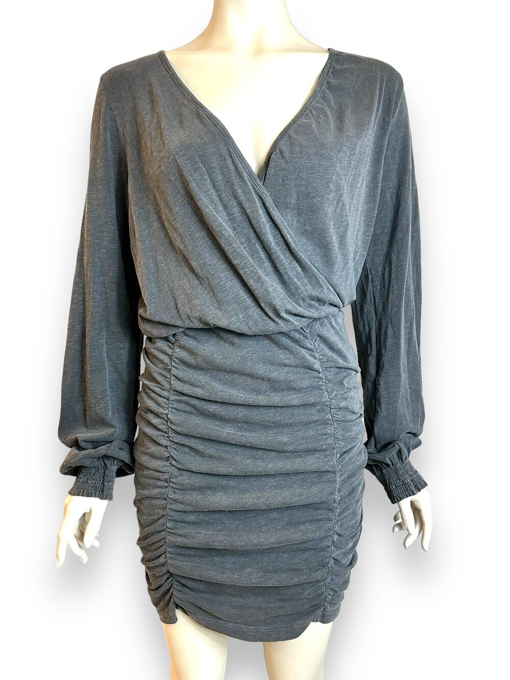 Sundry Cross Front Ruched Dress Women's 3 Large Charcoal Gray Long Sleeve $188